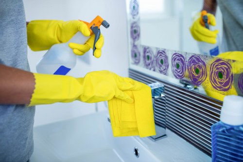 Cleaner carrying out routine kitchen and bathroom cleaning in Harringay